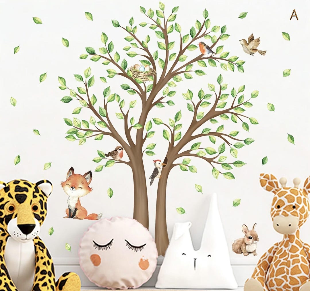 Birds on Tree Branch Wall Decals Tree Decal Spring Green Leaves Flying ...