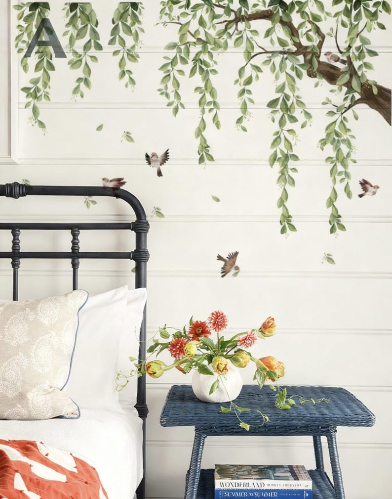 Large Hanging Vine Wall Decals Tree Branch Green Leaf Flower Birds Wall ...