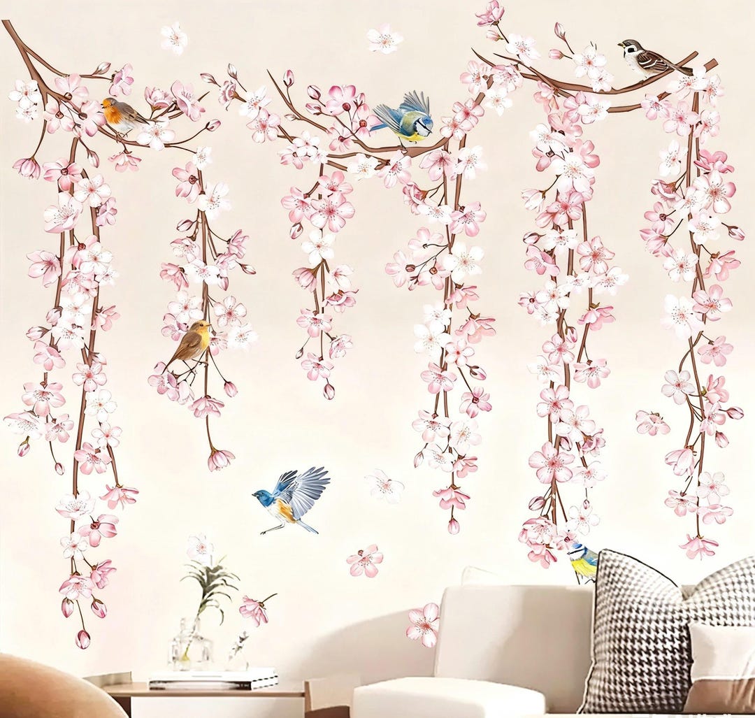 Cherry Blossom Flower Vine Wall Decals Hanging Tree Branch Birds Wall ...