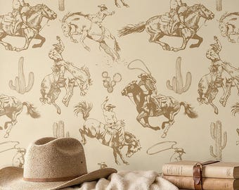 Western wallpaper cowboy beige horse toile vintage Peel and Stick or Traditional wallpaper nursery farmhouse decor
