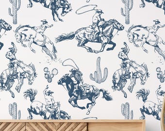 Western cowboy wallpaper horse pattern blue white vintage Peel and Stick or Traditional wallpaper farmhouse decor