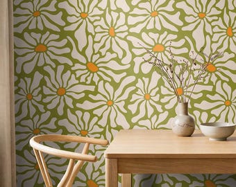 70s retro wallpaper olive green floral wallpaper Peel and Stick, Traditional wallpaper boho wall decor