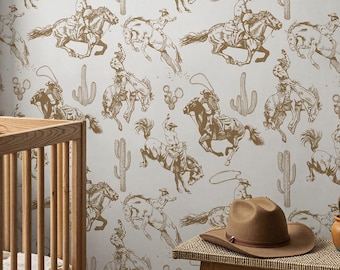 Cowboy wallpaper Western vintage horse Peel and Stick or Traditional wallpaper rustic farmhouse white beige brown wall decor