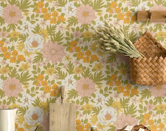 70s wallpaper retro wallpaper floral wallpaper peel and stick traditional wallpaper green yellow boho decor