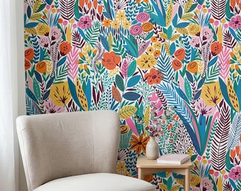 Dark floral botanical wallpaper Fairy wallpaper witchy wall tropical night garden mural Peel and stick or Traditional wall decor