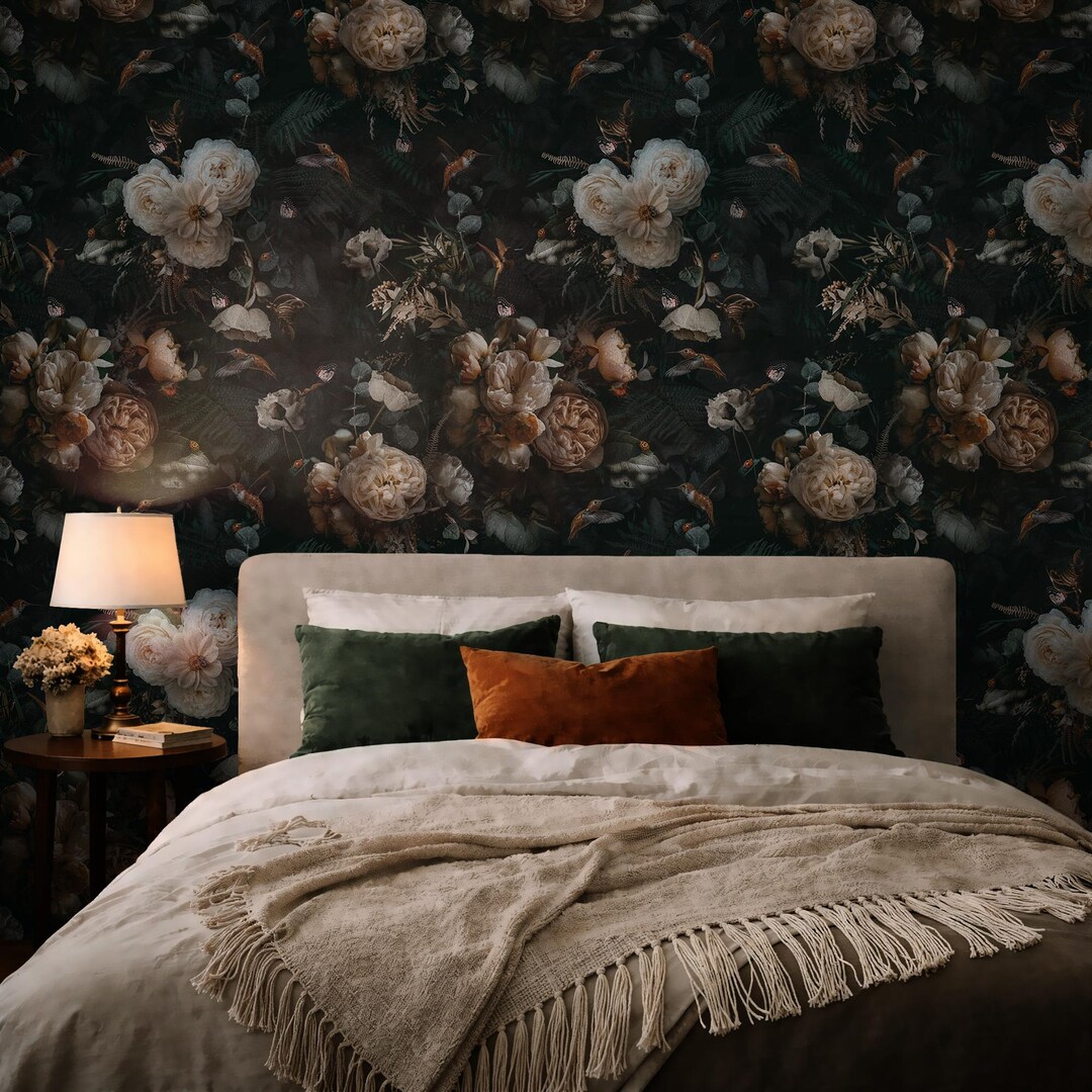 Dark Floral Wallpaper Moody Botanical Vintage Flowers Wall Mural Peel ...