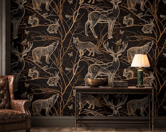 Dark deer wallpaper woodland animal wall paper wildlife forest black mural Peel and Stick or Traditional wall decor