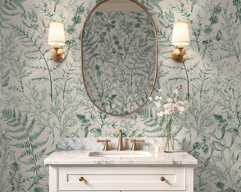 Green botanical wallpaper fern leaf wall mural Peel and stick or Traditional wallpaper sage green nursery bedroom decor