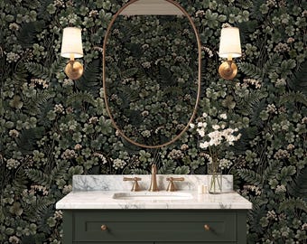 Dark Green Botanical Wallpaper Moody Forest Leaves Peel and Stick Traditional Wallpaper Bathroom Wall Decor