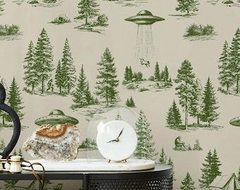 Verborgen buitenaardse ontvoering, vreemd behang, zelfklevend of traditioneel behang, UFO, Bigfoot, bosdecoratie