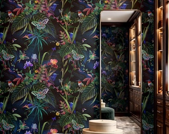 Dark floral botanical wallpaper Fairy wallpaper witchy wall tropical night garden mural Peel and stick or Traditional wall decor