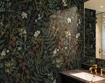 Fern wallpaper moody botanical wall mural Peel and Stick and Traditional dark green forest nursery bedroom decor