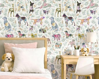 Dog wallpaper Floral watercolor dogs wall mural Peel and Stick or Traditional wallpaper nursery kids room decor