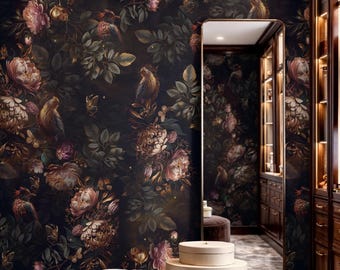 Dark floral wallpaper moody flower mural peony bird wall decor gothic garden Peel and Stick or Traditional wallpaper living room