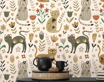 Cat wallpaper floral boho Peel and Stick or Traditional wallpaper cute cats wall decor whimsical nursery wallpaper neutral aesthetic