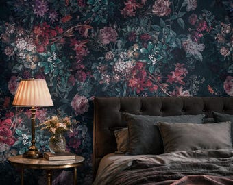 Dark floral wallpaper Gothic botanical mural witchy moody vintage flowers Peel and Stick and Traditional