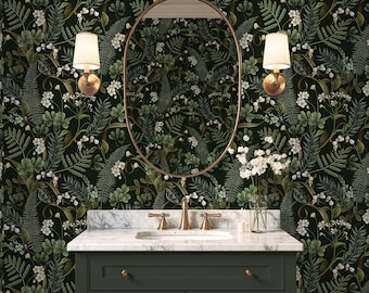 Papel pintado botánico verde oscuro con follaje de bosque, autoadhesivo, tradicional, con diseño de hojas de helecho.