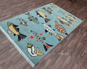Hand Knotted Wool Fish Rug | Colorful Kids Living Room Carpet