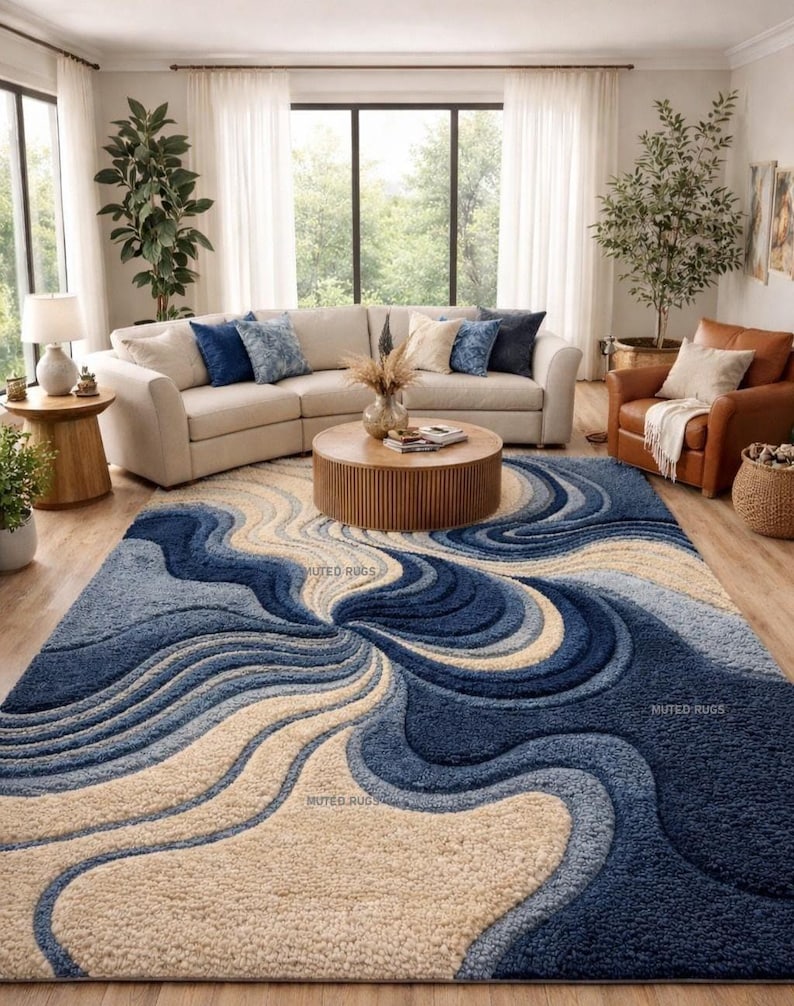Abstract Blue & Beige Wave Tufted Rug | Modern Living Room Carpet ...