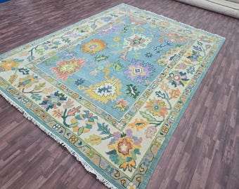Geknoopt vloerkleed in Oushak-stijl, handgemaakte pastelblauwe tapijten, decoratief bloemen vintage tapijt