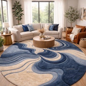 Abstract Blue & Beige Wave Tufted Rug | Modern Living Room Carpet ...