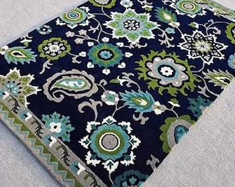 Hand Tufted Navy Blue Floral Rug – Contemporary Green and Teal Carpet
