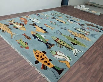 Vintage Hand Woven Wool Carpet | Handmade Wool Fish Rug | Ecuador Tribal Folk Art 10x12