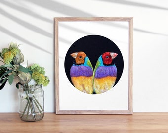 Gouldian Finch Portrait Giclee Art PRINT, 8x10 or 11x14 inches, Bird Art, Colorful Bird, Fiber Art, Needle Felted, Rainbow Bird, Parrot