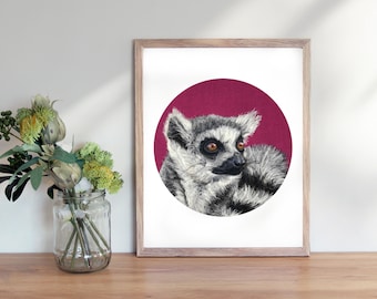 Ring Tailed Lemur Portrait Giclee Art PRINT, 8x10 or 11x14 inches Animal Art Fiber Art Needle Felted, Fine Art Print Primate