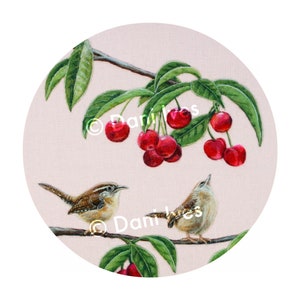 Wrens & Cherries 8 x 10 Giclee Print of a Needle Felted Wool Painting Fiber Art image 3