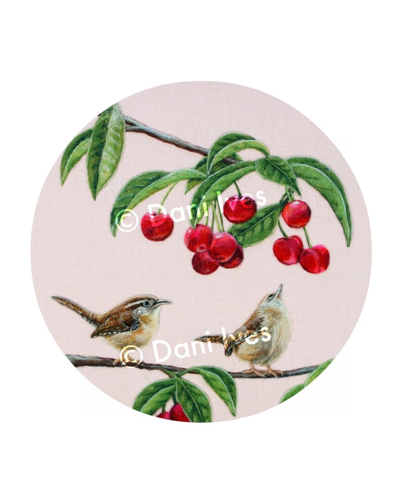 Wrens & Cherries 8 x 10 Giclee Print of a Needle Felted Wool Painting Fiber Art image 3