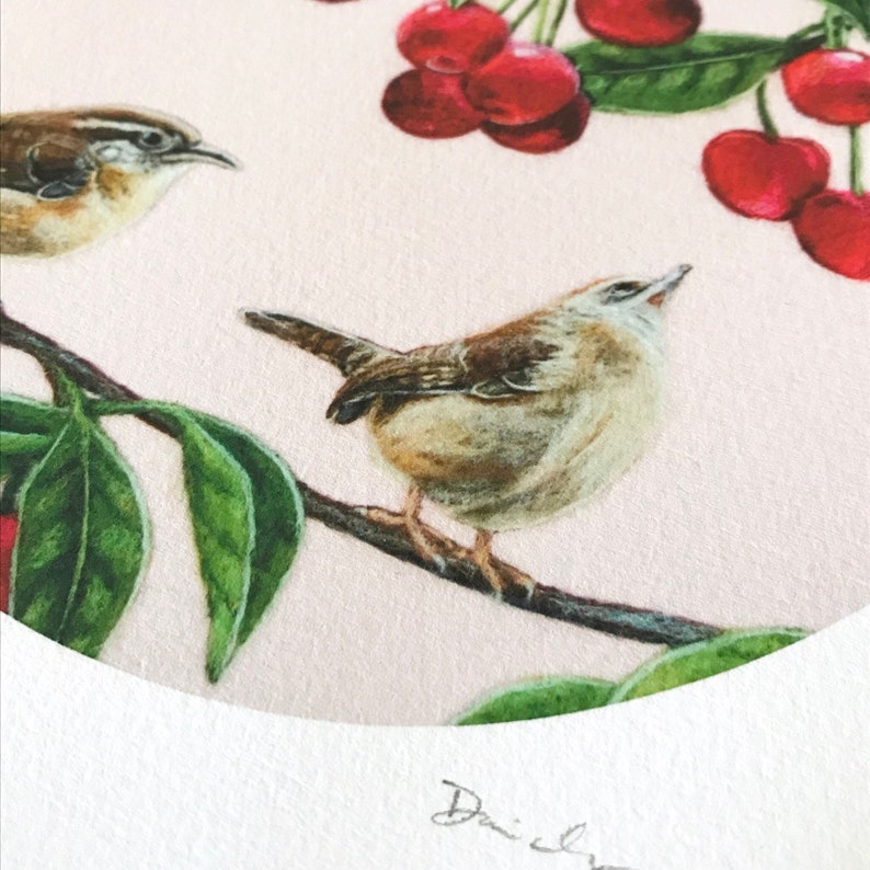 Wrens & Cherries 8 x 10 Giclee Print of a Needle Felted Wool Painting Fiber Art image 2