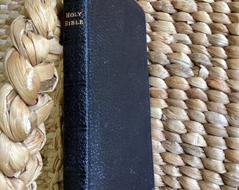 Antique black leather holy bible from 1900’s - silk and gilt pages