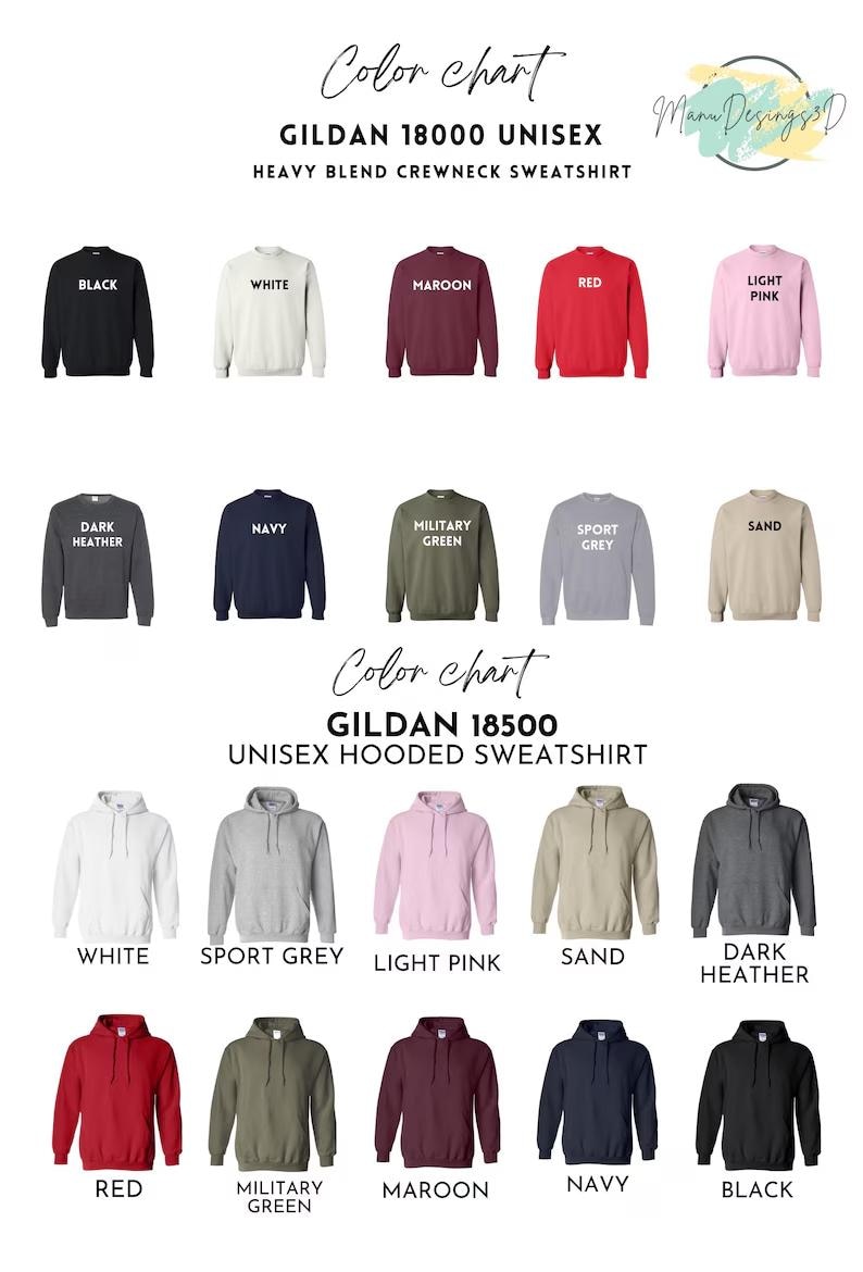 Puede incluir: Carta de colores con sudaderas unisex Gildan 18000 de cuello redondo y sudaderas con capucha unisex Gildan 18500. Las sudaderas est&aacute;n disponibles en varios colores, incluyendo negro, blanco, granate, rojo, rosa claro, gris oscuro, azul marino, verde militar, gris deportivo y arena.