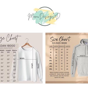Puede incluir: La imagen muestra dos tablas de tallas para sudaderas y sudaderas con capucha unisex Gildan. Las tablas muestran medidas en cm para ancho, largo y largo de manga, con tallas que van de la S a la 5XL. Tambi&eacute;n incluye un logotipo.
