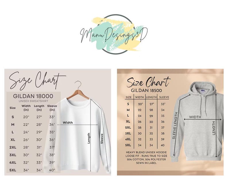 Puede incluir: La imagen muestra dos tablas de tallas para sudaderas y sudaderas con capucha unisex Gildan. Las tablas muestran medidas en cm para ancho, largo y largo de manga, con tallas que van de la S a la 5XL. Tambi&eacute;n incluye un logotipo.