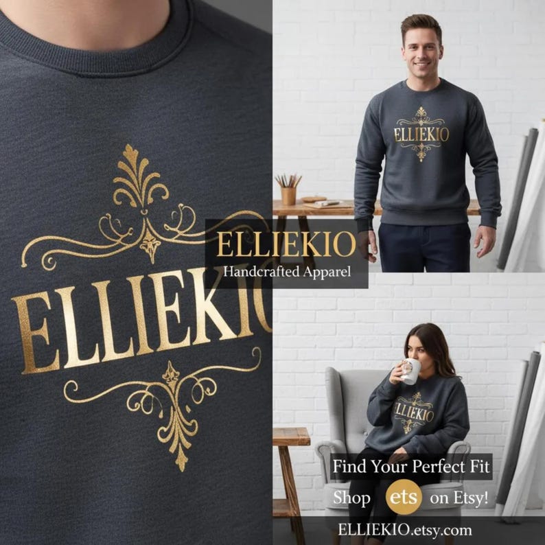 May include: A dark gray crewneck sweatshirt featuring the gold text ELLIEKIO centered on the chest. The text is surrounded by an ornate, symmetrical gold filigree design. The sweatshirt has long sleeves and a ribbed collar, cuffs, and hem.