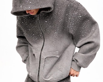 Grijze trainingspakset met strassteentjes, glinsterende set hoodie en joggingbroek, bling sweatpak dames