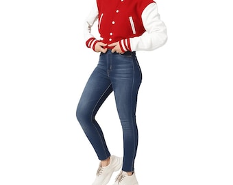 Handgemaakt rood-wit wollen Letterman-jack – varsity-bomberjack voor dames