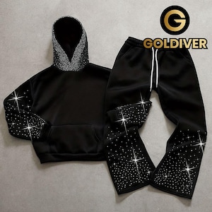 Rhinestone Sweat Suit Women, Black Sparkle Hoodie Jogger Set, Y2K
