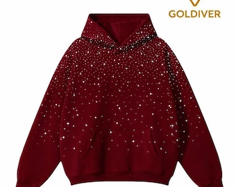 Burgunder Strass Hoodie • Weinroter funkelnder Hoodie • Kristall Nieten Hoodie • GOLDIVER Luxus Bling Hoodie
