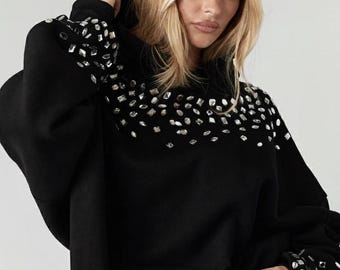 Zwarte hoodie met strassteentjes dames, hoodie met sprankelend kristal, oversized streetwear-sweater, cadeau voor haar