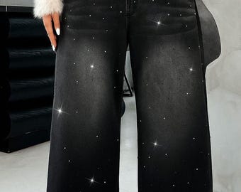 Zwarte jeans met strassteentjes | Denim met hoge taille, wijde pijpen, party-streetwear