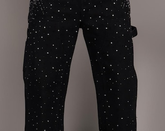 Zwarte cargobroek met strassteentjes – Sprankelende jeans | Broek met diamanten bezaaid | Oversized baggy pasvorm