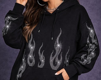 Hoodie met strass vlam, oversized streetwear-hoodie
