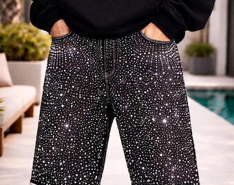 Strass-denimshort voor heren, sprankelende Y2K-streetwear, zomerfestivaloutfit