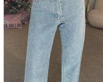 Lichtblauwe jeans met strassteentjes | Denim broek met hoge taille en wijde pijpen