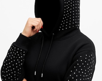 Zwarte hoodie met strassteentjes, GOLDIVER Luxury Fashion