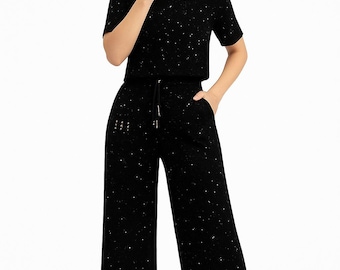 Tweedelige set zwarte strassteentjes | Wijde broek en top met glitters | Feestoutfit | GOUDVERKOPER