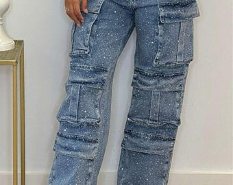 Cargojeans met strassteentjes – bling-denimbroek, sprankelende jeans met wijde pijpen